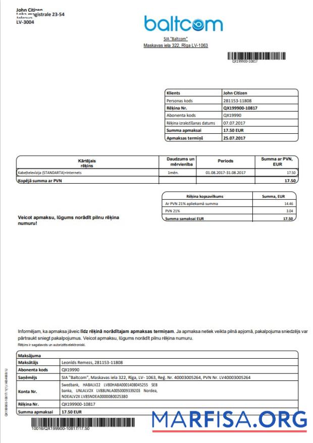 Blank Latvia Baltcom telecommunications utility bill template in Word and PDF format (Latvian version)